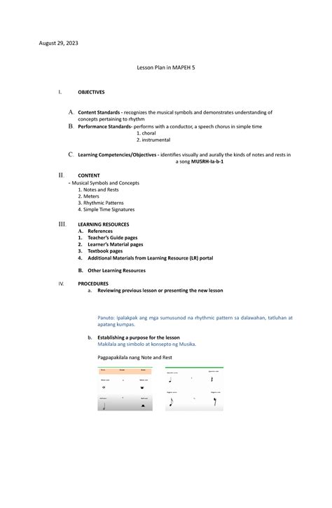 Mapeh Lesson plan - 1111 - August 29, 2023 Lesson Plan in MAPEH 5 I ...