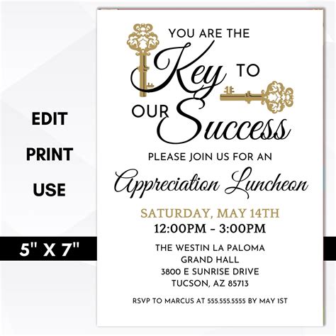 Elegant Appreciation Luncheon Invitation Key to our Success Invite ...