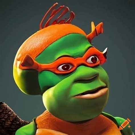 Meme of an orange ninja turtle combined with shrek on Craiyon