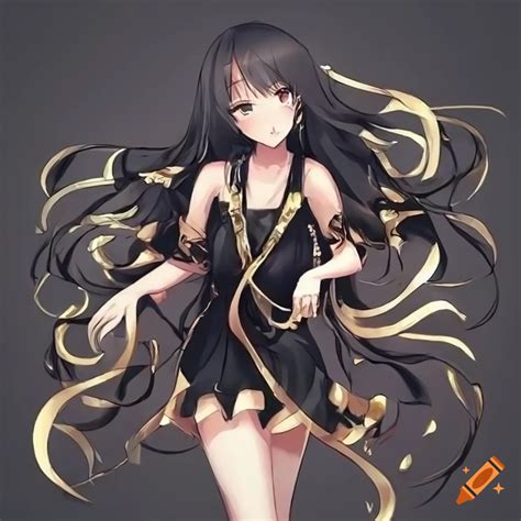 Anime girl with elegant black dress and gold jewelry on Craiyon