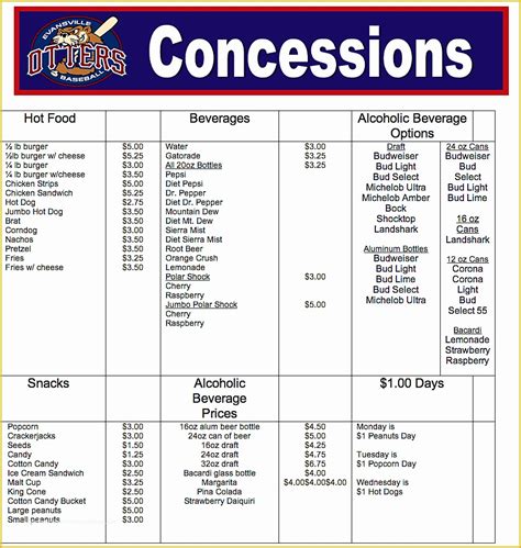 Concession Stand Price List Template