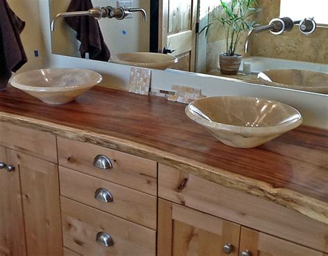 Onyx Vessel Sinks on Natural Edge Wood Slab Vanity Top - Contemporary ...