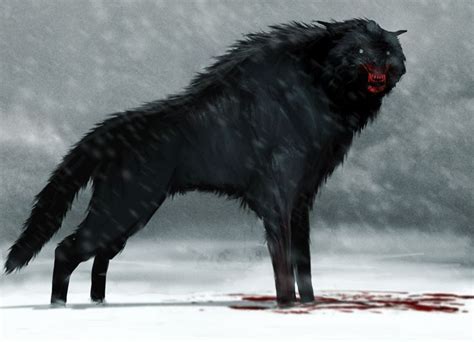 A black dog in the snow at night | Werewolf art, Fantasy beasts ...