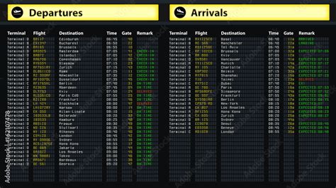 Flight schedule board at airport, travel information, arrivals and ...