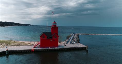 Drone Lighthouse Lake Michigan Storm Blowing In Holland Big Red ...