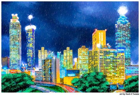 Atlanta Skyline At Night - Unique Atlanta Artwork - Skyscrapers In Rain