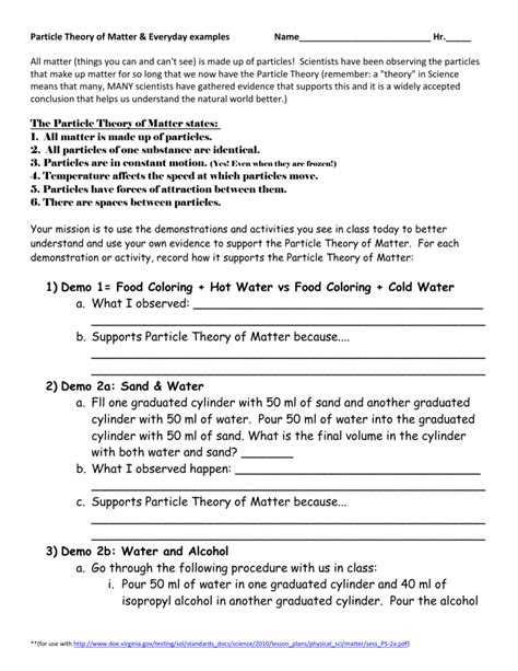 Particle Theory of Matter Activity Sheet