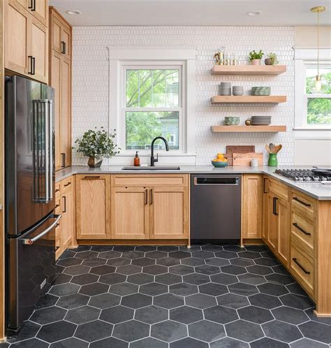 Black Hexagon Floor Tiles with Honey Stained Cabinetry - Transitional ...