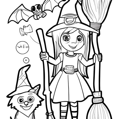 Cute Halloween Coloring Book Page for Kids Including Witches · Creative ...