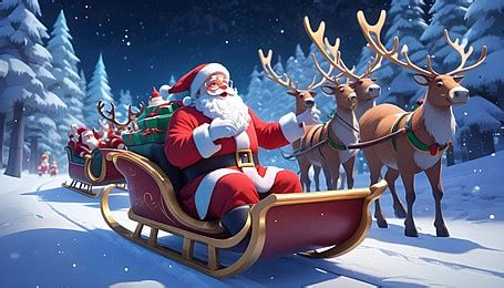 Santa Claus Riding His Sleigh In Christmas Trees Background, Santa ...