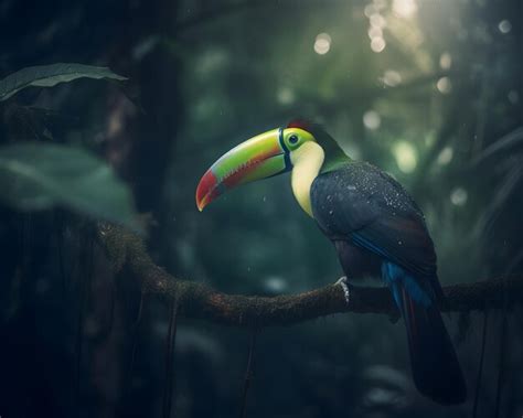 Premium AI Image | A toucan with a green beak sits on a branch in a ...