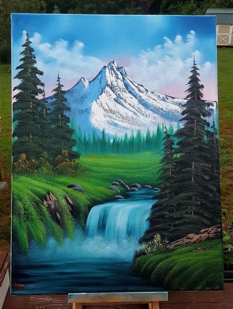 "Bob Ross Style Mountain Waterfall", Oil, 18x24 canvas : Art | Mountain ...