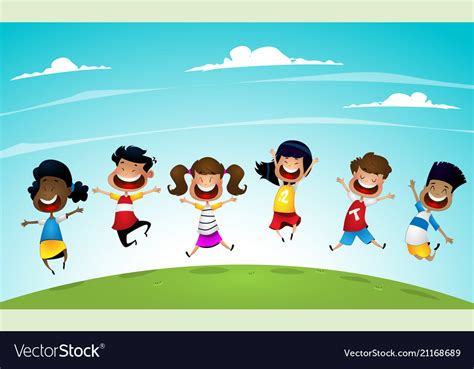 Happy school multiracial children joyfully jumping