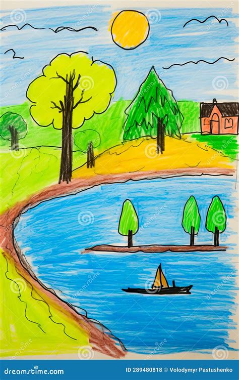 Drawing of Lake with Trees and House in the Background. Generative AI ...