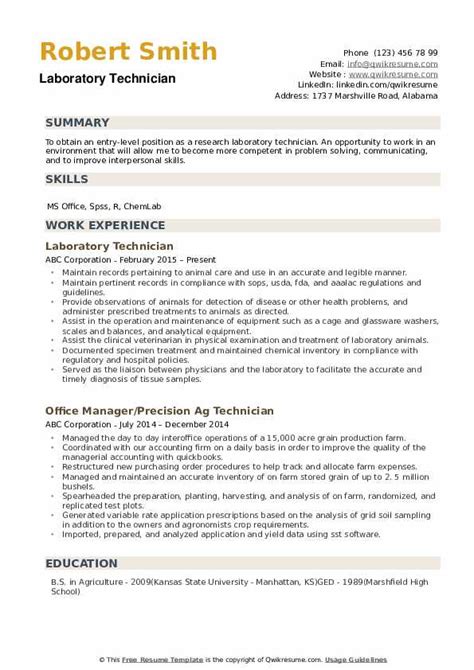 Laboratory Technician Resume Samples | QwikResume