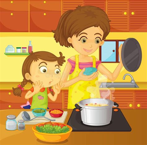 Helping mom at home. Illustration of girl helping her mom prepare ...