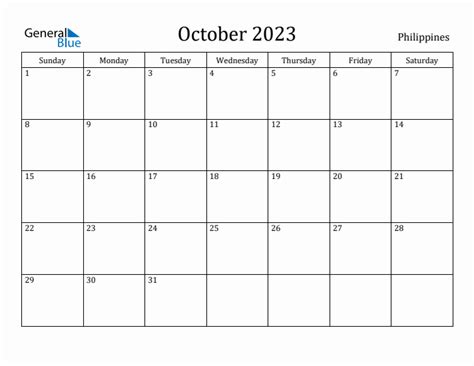 October 2023 Monthly Calendar with Philippines Holidays