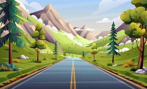 Asphalt road in mountain valley landscape illustration. Nature highway ...