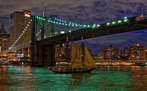 Download New York Building Bridge Cityscape Sailboat Light Night Man ...