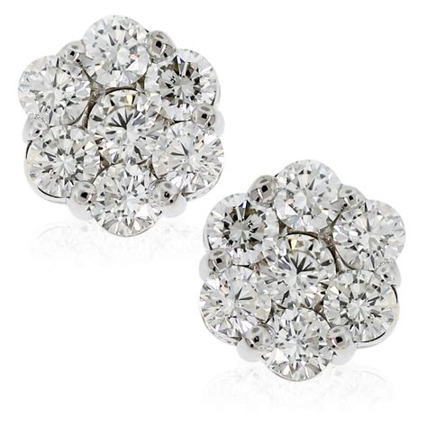 14k White Gold 3.25ctw Round Diamond Flower Cluster Stud Earrings