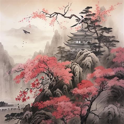 Premium AI Image | Hand Drawn Japanese Ink Wash Landscape Painting