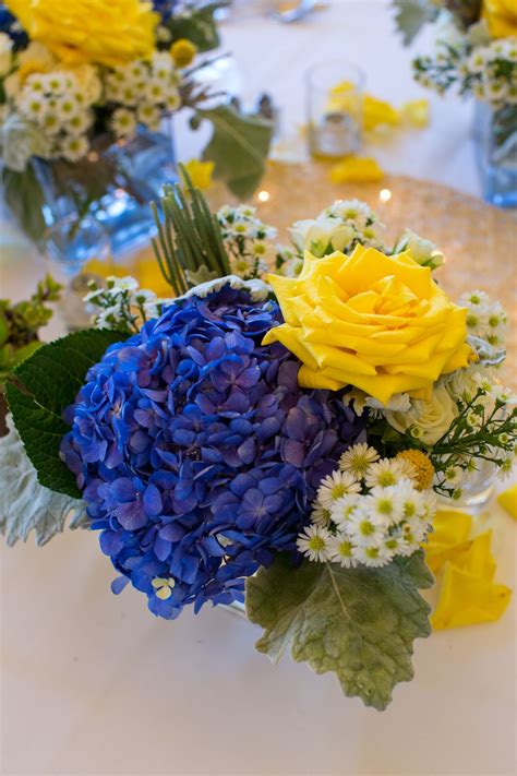 Yellow Rose and Blue Hydrangea Centerpiece with White Aster | Blue ...