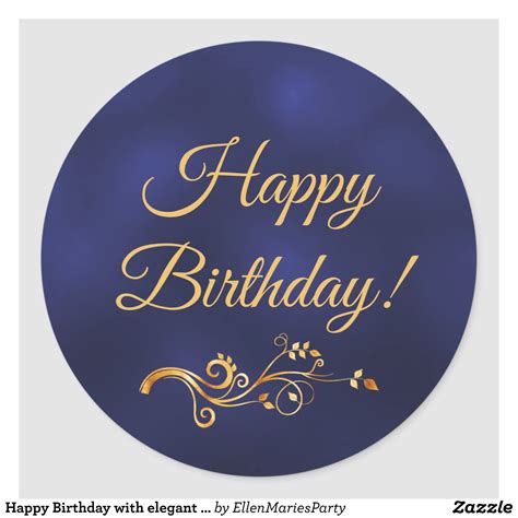 Happy Birthday with elegant blue and gold decor Classic Round Sticker ...