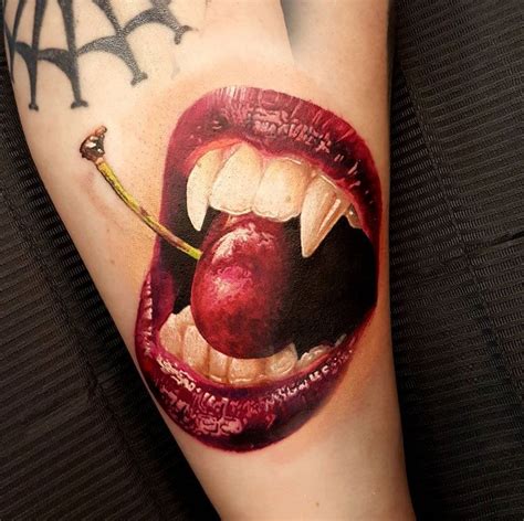 Vampire Mouth & Cherry | Mouth tattoo, Vampire tattoo, Skull hand tattoo