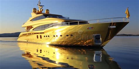 Golden Yacht. Gold Super Yacht Sailing Along the Coast. Luxurious ...