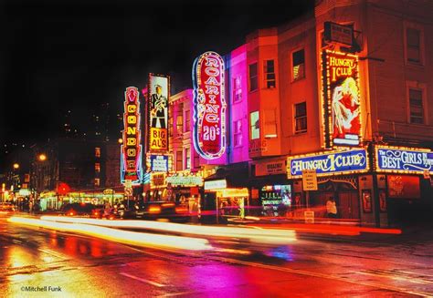 Neon Lights Of Broadway Strip Clubs On Rainy Night, San Francisco ...