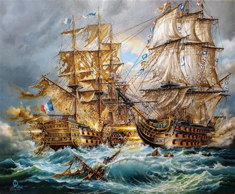 BATTLE of TRAFALGAR Original Oil Painting on Canvas Sea Panorama of ...