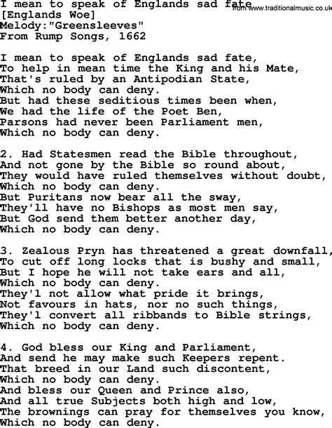 Old English Song Lyrics for I Mean To Speak Of Englands Sad Fate, with PDF