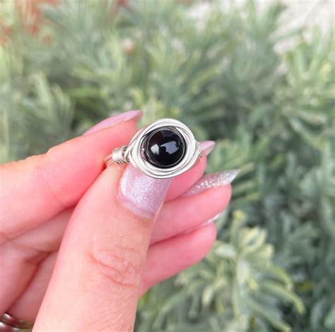 Onyx sterling silver wire wrapped ring, Onyx crystal ring, silver Onyx ...