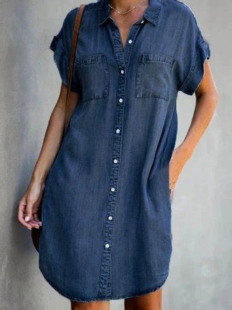 Blue Shirt Collar Plain Short Sleeve Denim Dress | roselinlin