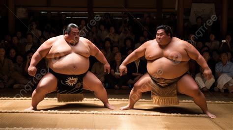 Two Sumo Wrestlers Perform On Wooden Floor Background, Sumo Picture ...