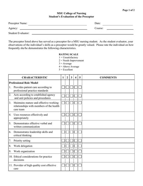 MSU College of Nursing Student’s Evaluation of the Preceptor Preceptor ...