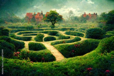 England Maze Garden. Labyrinth Garden. Fantasy Backdrop. Concept Art ...