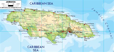 Large detailed physical and road map of Jamaica with cities. Jamaica ...