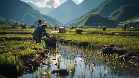 Premium AI Image | Farmers working in a rice plantation Generative Ai