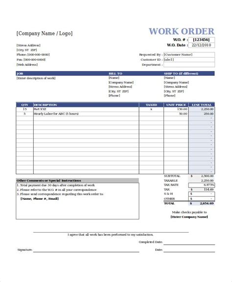 Work Order Template Excel | Free Letter Templates