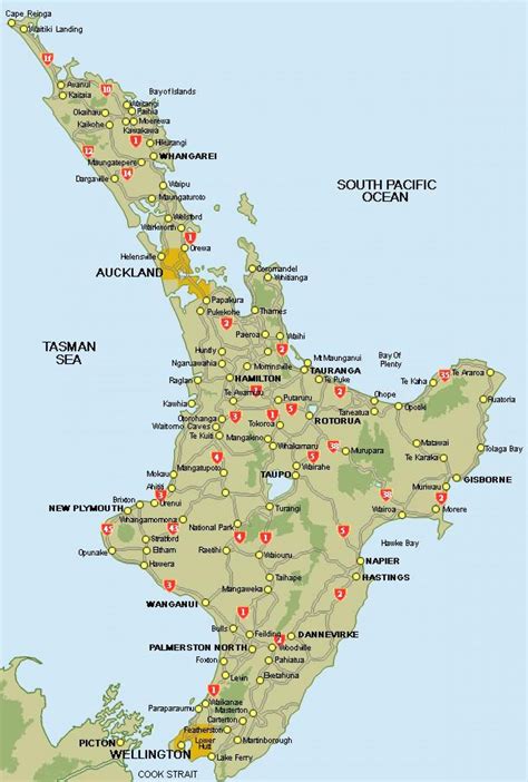 Kort over north island, new zealand byer - Kort i central-north island ...