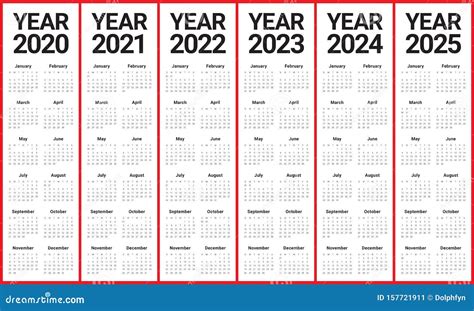 Year 2020 2021 2022 2023 2024 2025 Calendar Vector Design Template ...