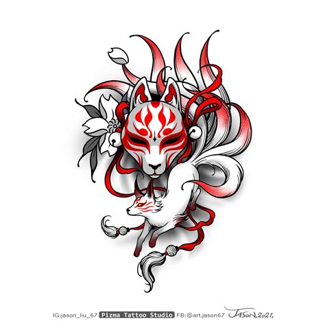 Kitsunemask with Ninetailedfox Tattoo Design