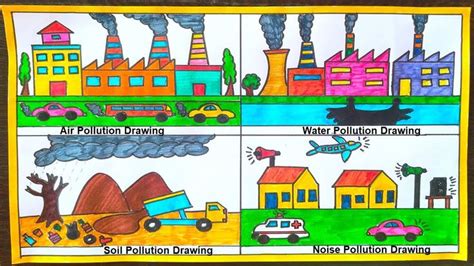 pollution drawing (air - water - noise - land pollution) - easy steps ...