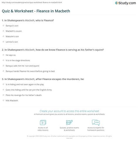 Quiz & Worksheet - Fleance in Macbeth | Study.com