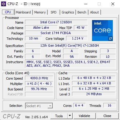 Intel Core i7 12650H @ 4090 MHz - CPU-Z VALIDATOR