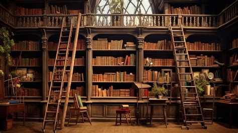 Empty antique bookstore with wooden shelves and a ladder AI generated ...