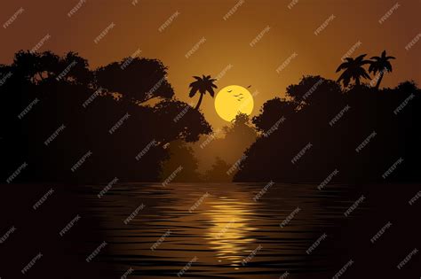 Premium Vector | Sunset over river with forest silhouette