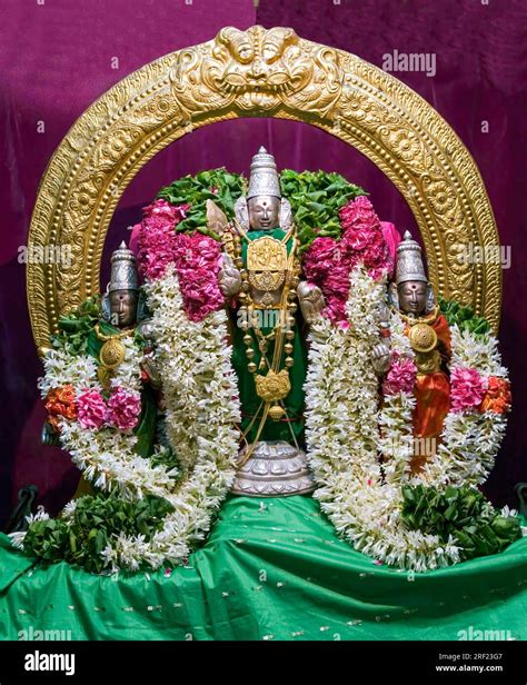 Decorated Urchava deity of Lord Murugan with with consorts Valli and ...