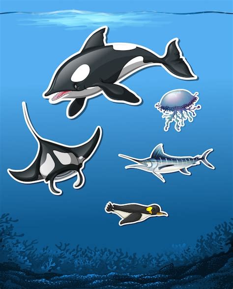 Premium Vector | Set of ocean animal stickers on sea background